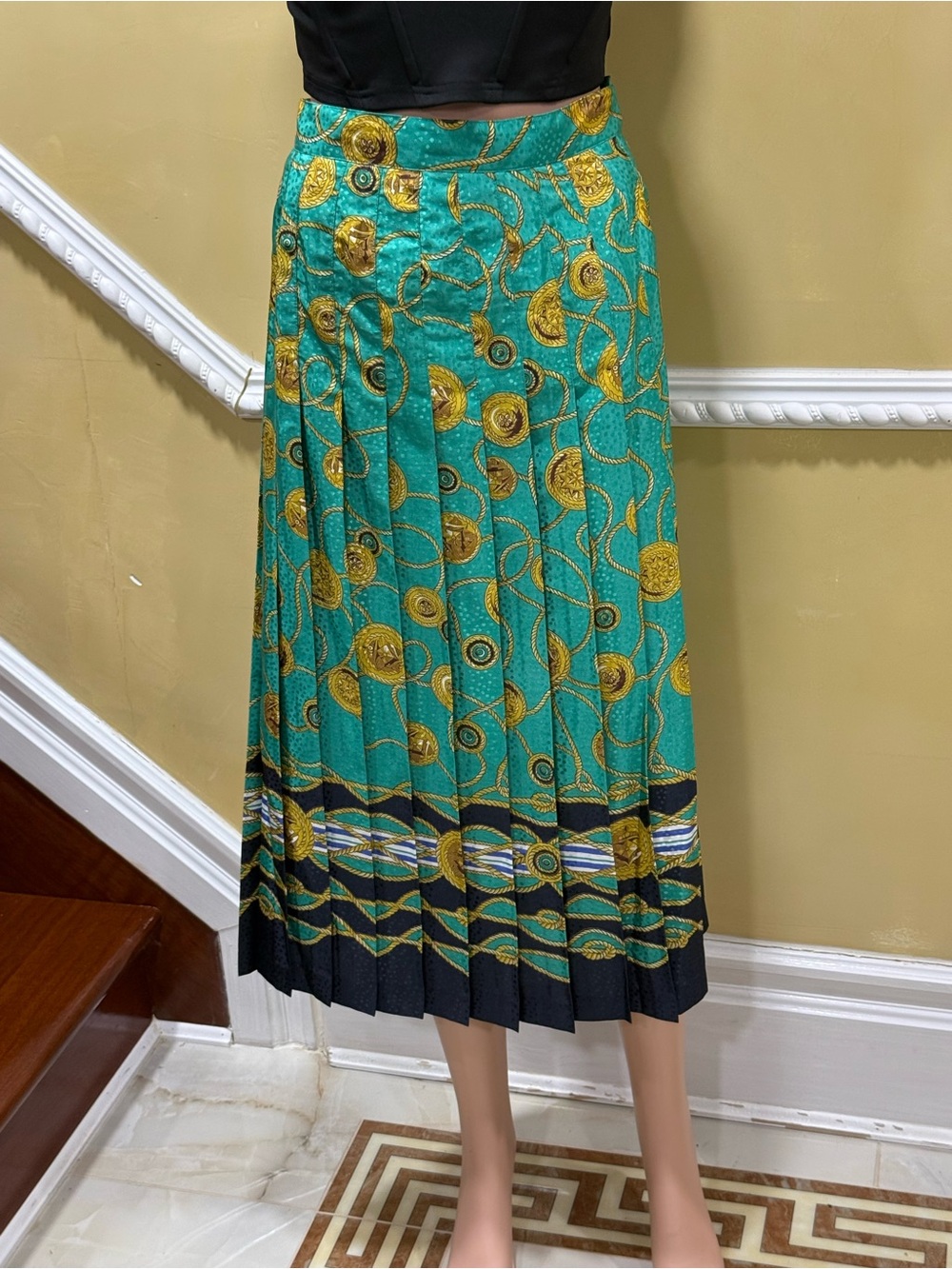 Teal and Gold Pleated Midi Skirt